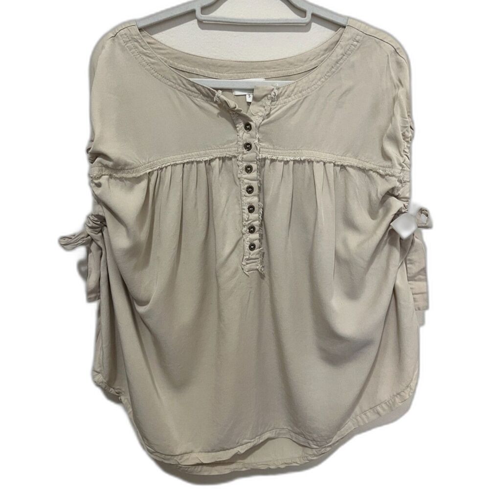 Bohme Blouse Small Short Sleeve Flowy Bow Scrunch Adjustable Button Oversized